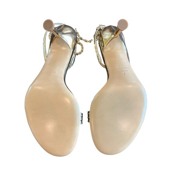 Ferragamo Denise Sandals Heel Chain Ankle Strap 70mm Metallic Gold Party Sz 7 - Picture 10 of 14